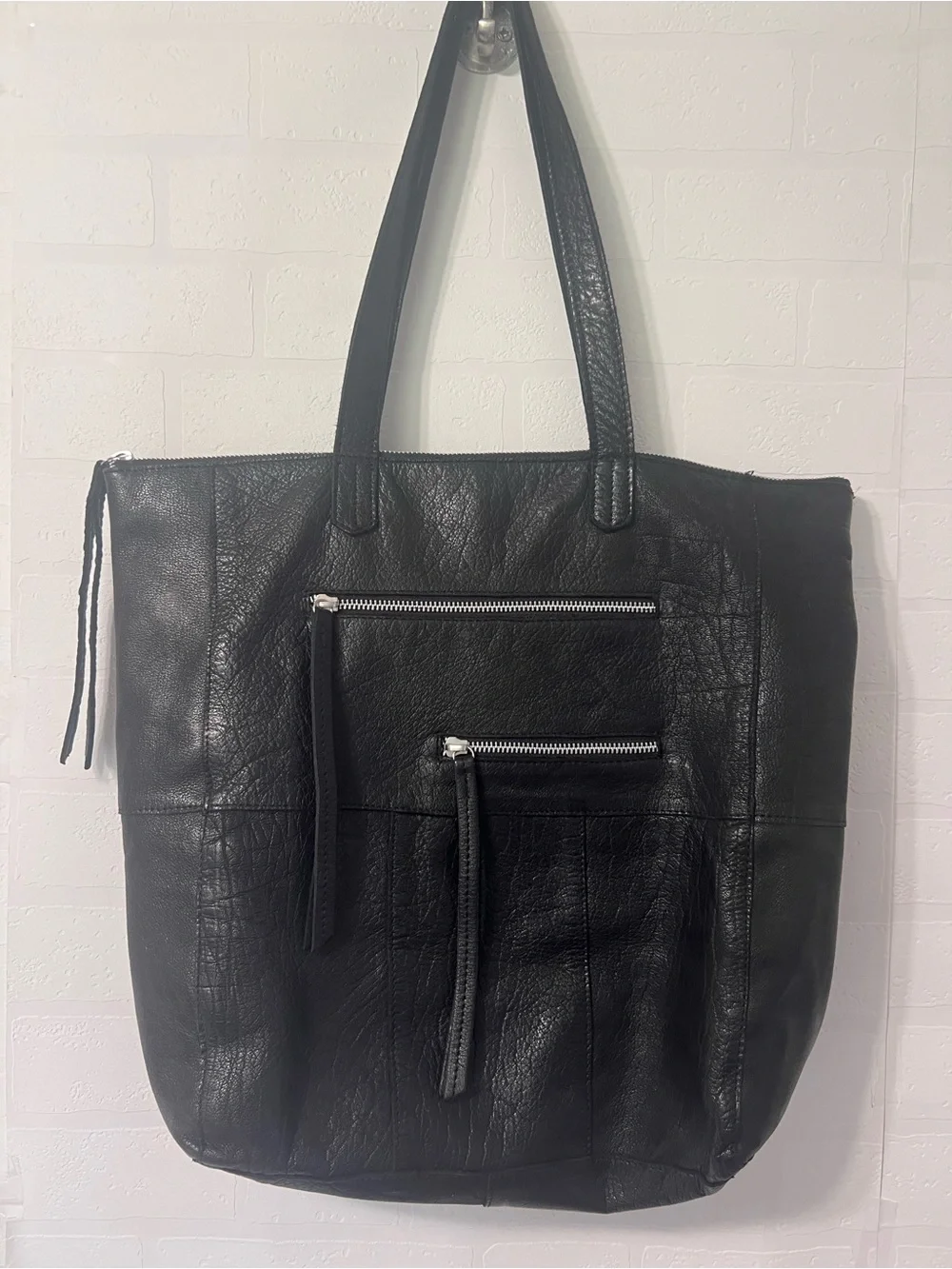 Day & Mood Anthropologie Heather Black Leather Moto Tote Bag Front Zip Pockets